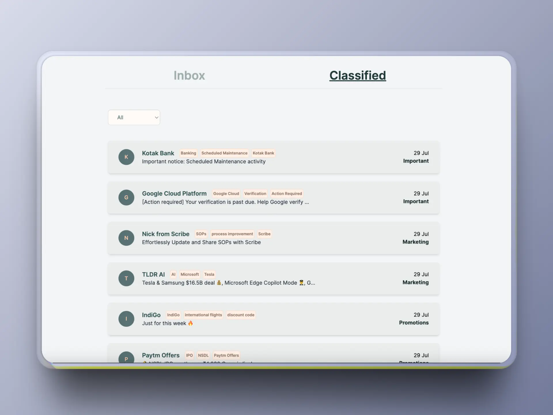 Email Classifier interface